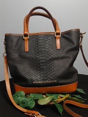 Dooney & Bourke Black and Tan Embossed Leather Tote with Storage/Dust Bag
